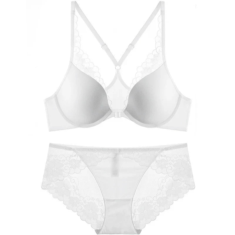 European and American Style Sexy Thin Large Bust Minimizing Plus Size French Glossy Lace Front Buckle Beautiful Back Set