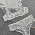 French Style Women's Ultra-Thin See-Through Jacquard Lace Sexy Lingerie Set for Large Busts, Minimizing and Anti-Sagging