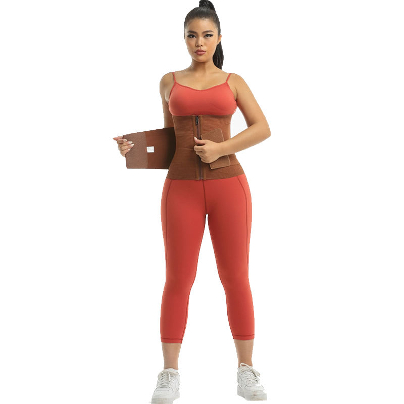 Women's Fitness Waist Trainer Belt Zipper Style Brown Double Layer Compression