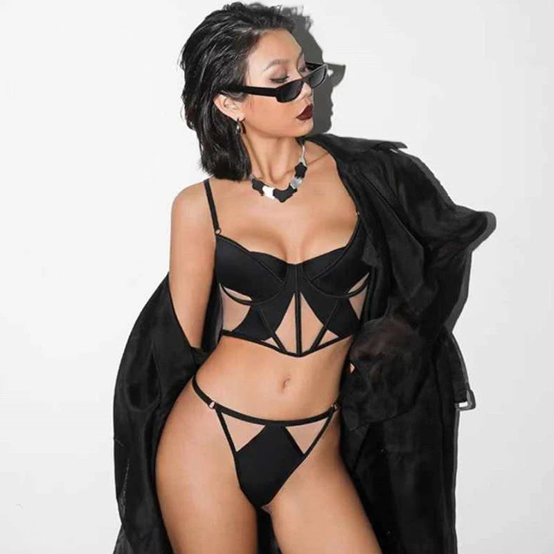 Sexy French Style Lingerie Thin Cotton Sheer Mesh Fishbone Design Side Breast Support Anti-Sagging Set