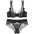 French Style Sexy Lingerie Ultra-Thin Breathable Lace Large Bust Minimizing Anti-Sagging Plus Size Set