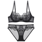 European and American Sexy Ultra-Thin Transparent Lace Large Bust Minimizing Anti-Sagging Plus Size Bra Set