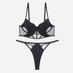 Sexy French Style Lingerie Thin Cotton Sheer Mesh Fishbone Design Side Breast Support Anti-Sagging Set