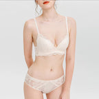 French Style Sexy Lace Thin Triangle Cup Wireless Push-Up Small Chest Lift Set