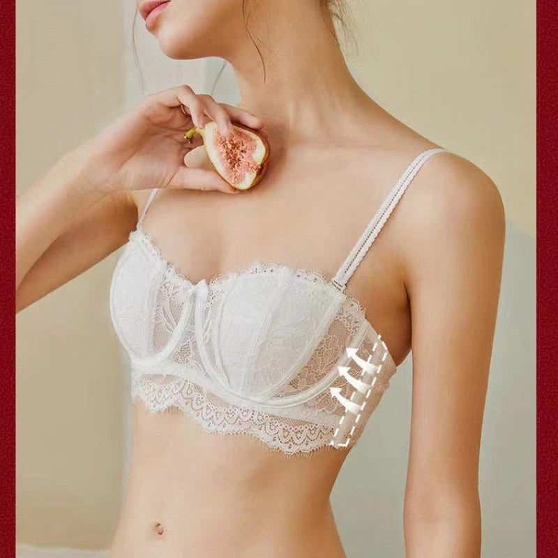 French Style Sexy Lace Half-Cup Strapless Anti-Slip Beautiful Back Large Bust Minimizing Set