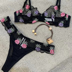 Women's Ultra-Thin See-Through Pineapple Embroidery Lace Bra Set for Large Busts, Minimizing and Anti-Sagging