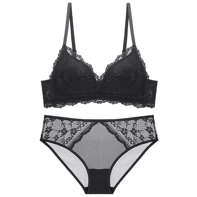 French Style Sexy Lace Thin Triangle Cup Wireless Push-Up Small Chest Lift Set