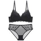 French Style Sexy Lace Thin Triangle Cup Wireless Push-Up Small Chest Lift Set