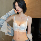 French Style Women's Lingerie Pure Desire Rabbit Ear Cup Lace Bra Large Bust Minimizing Anti-Sagging Set