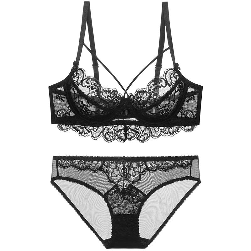 French Style Sexy Ultra-Thin Bowknot Color-Block Lace Girl Bra Large Bust Minimizer Plus Size Set