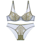 French Style Sexy Ultra-Thin Retro Color-Block Floral Embroidery Lace Large Bust Minimizing Lingerie Set