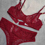 French Style Women's Ultra-Thin See-Through Jacquard Lace Sexy Lingerie Set for Large Busts, Minimizing and Anti-Sagging