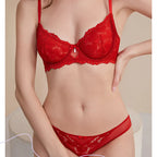 French Style Sexy Pure Desire Ultra-Thin See-Through Embroidered Lace Large Bust Minimizing Anti-Sagging Bra