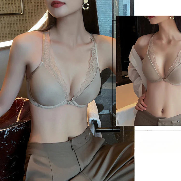 European and American Style Sexy Thin Large Bust Minimizing Plus Size French Glossy Lace Front Buckle Beautiful Back Set