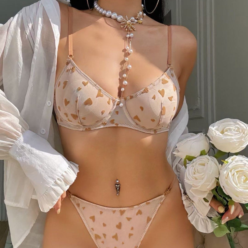 Sexy Lingerie Ultra-Thin Mesh Heart Print Lace Bra Large Bust Minimizer Erotic Lingerie