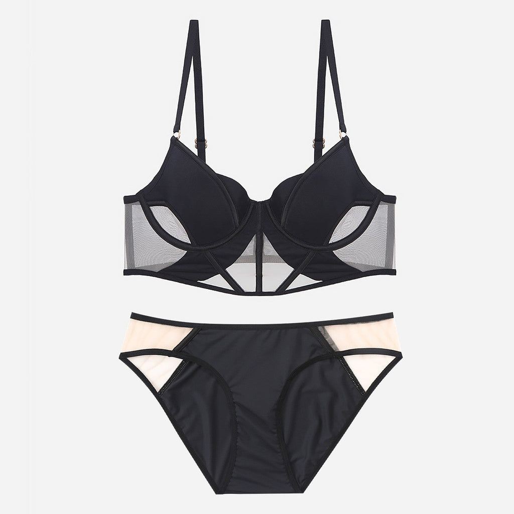 Sexy French Style Lingerie Thin Cotton Sheer Mesh Fishbone Design Side Breast Support Anti-Sagging Set