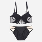 Sexy French Style Lingerie Thin Cotton Sheer Mesh Fishbone Design Side Breast Support Anti-Sagging Set