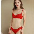 European and American Sexy Ultra-Thin Transparent Lace Large Bust Minimizing Anti-Sagging Plus Size Bra Set