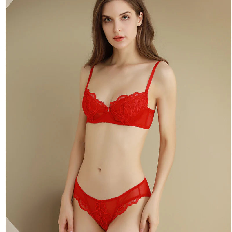 European and American Sexy Ultra-Thin Transparent Lace Large Bust Minimizing Anti-Sagging Plus Size Bra Set