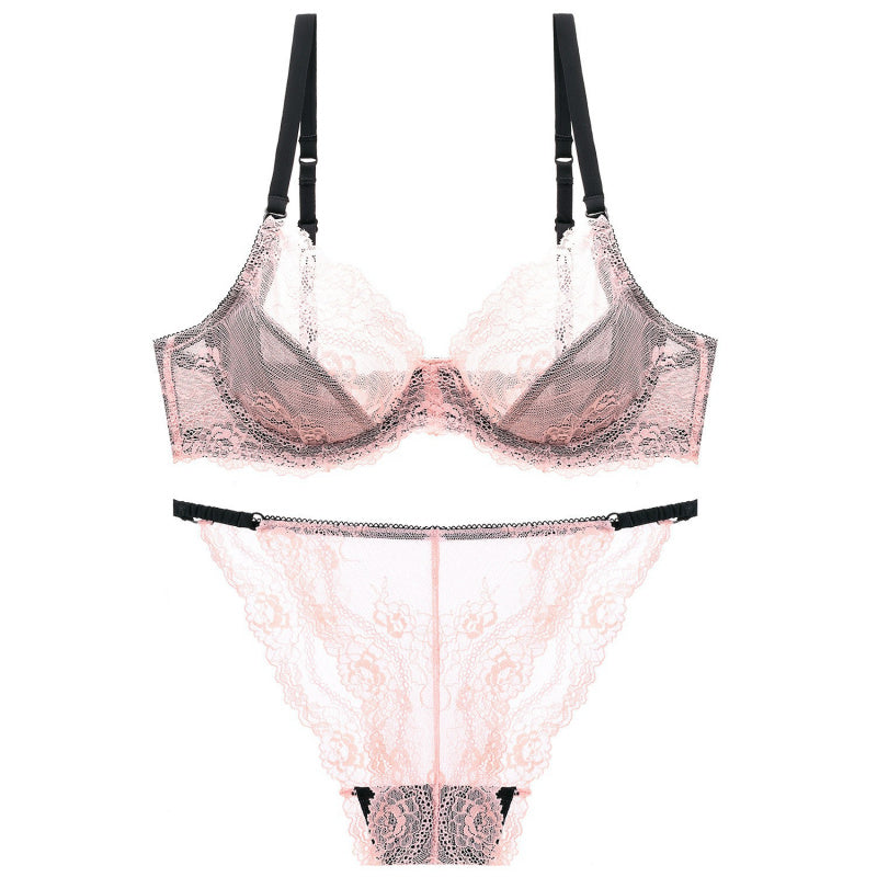 European and American Sexy Summer Ultra-Thin Transparent Lace Large Bust Minimizing Anti-Sagging Lift Set