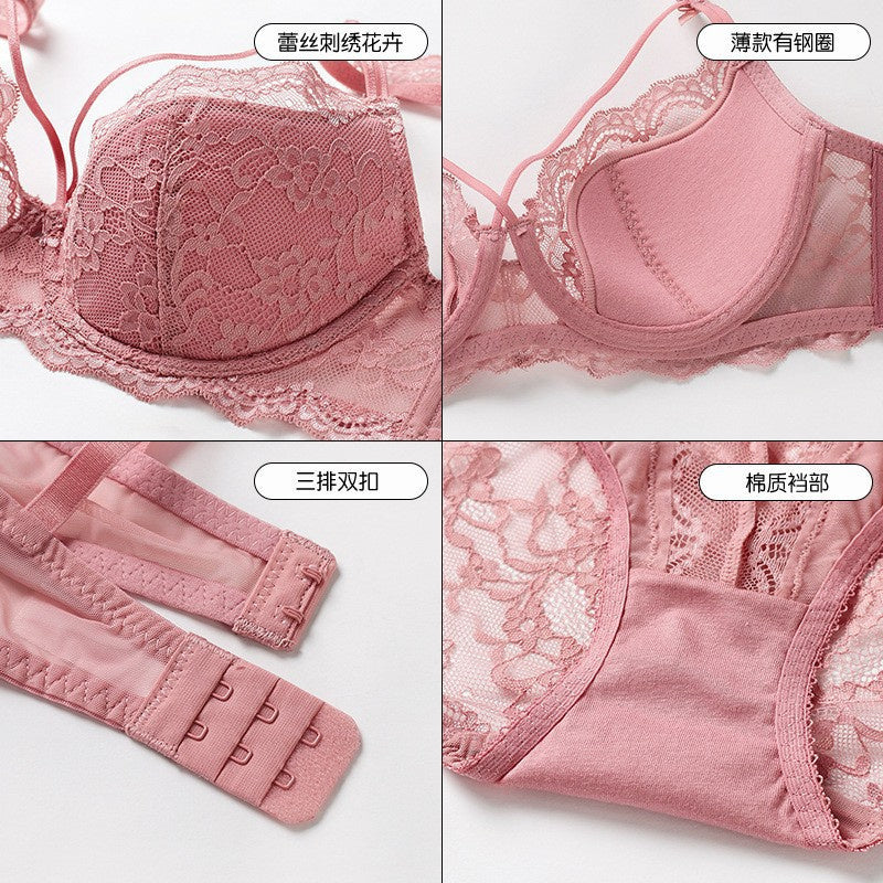 Sexy Lingerie Thin Cotton Large Bust Minimizer Side Breast Collection Anti-Sagging Plus Size Lace Set for Teen Girls