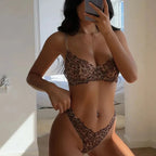 European and American Sexy Lace Bra Ultra-thin See-through Leopard Print French Style Large Bust Minimizing Plus Size