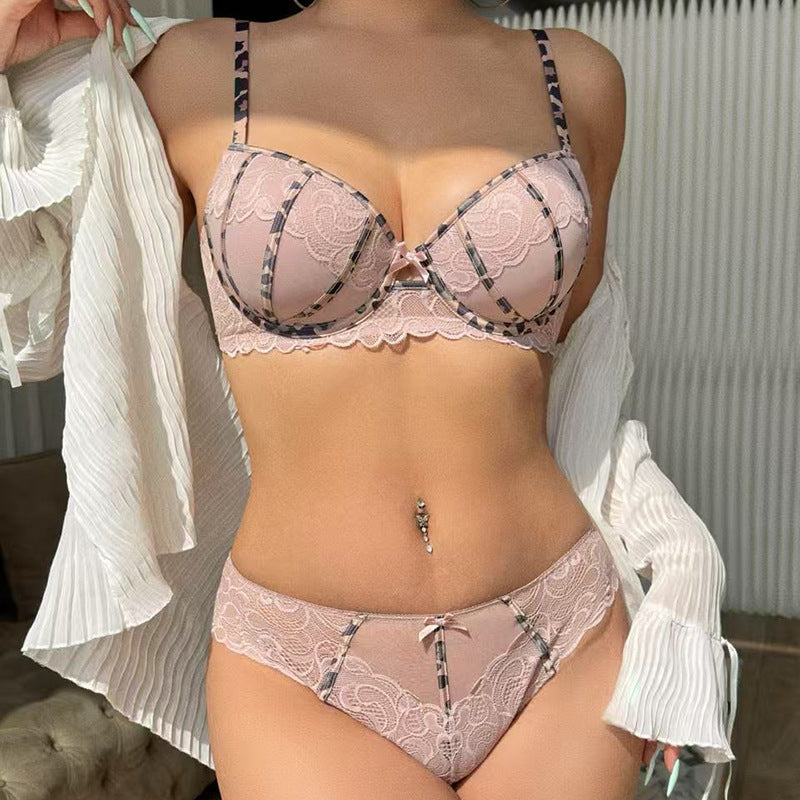 European and American Style Sexy Lace Thin Leopard Print Color-Block Plus Size Side Support Push-Up Bra