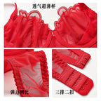 European and American Sexy Ultra-Thin Transparent Lace Large Bust Minimizing Anti-Sagging Plus Size Bra Set