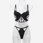 Sexy French Style Lingerie Thin Cotton Sheer Mesh Fishbone Design Side Breast Support Anti-Sagging Set