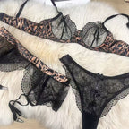 European and American Sexy French Ultra-thin See-through Leopard Print Embroidered Lace Lingerie Big Bust Minimizer Three-piece Set