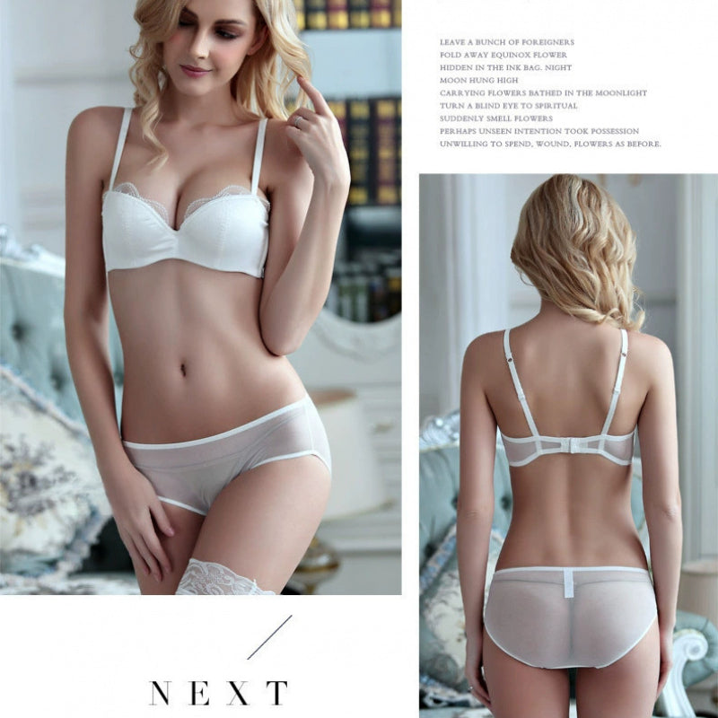 European and American Sexy Lace Thin Cotton Half Cup Satin Seamless Strapless Bra Small Chest Push-Up Set