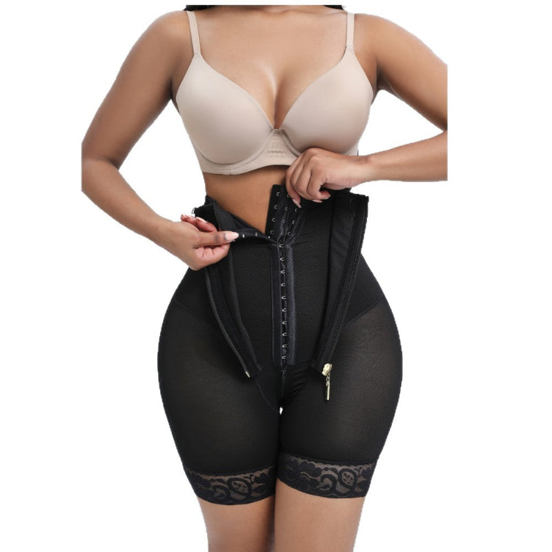 High waisted, oversized hips with button up zipper, tight fitting shaping pants