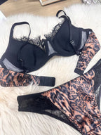 Sexy Leopard Print Thin Cotton Lace Patchwork Mesh Large Bust Minimizing Anti-Sagging Set