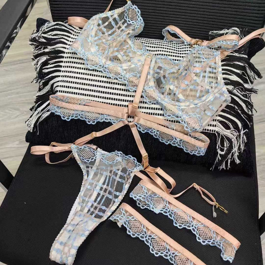 New Sexy Lingerie Ultra-Thin Plaid French Mesh Large Bust Minimizer Thong Five-Piece Set