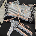 New Sexy Lingerie Ultra-Thin Plaid French Mesh Large Bust Minimizer Thong Five-Piece Set