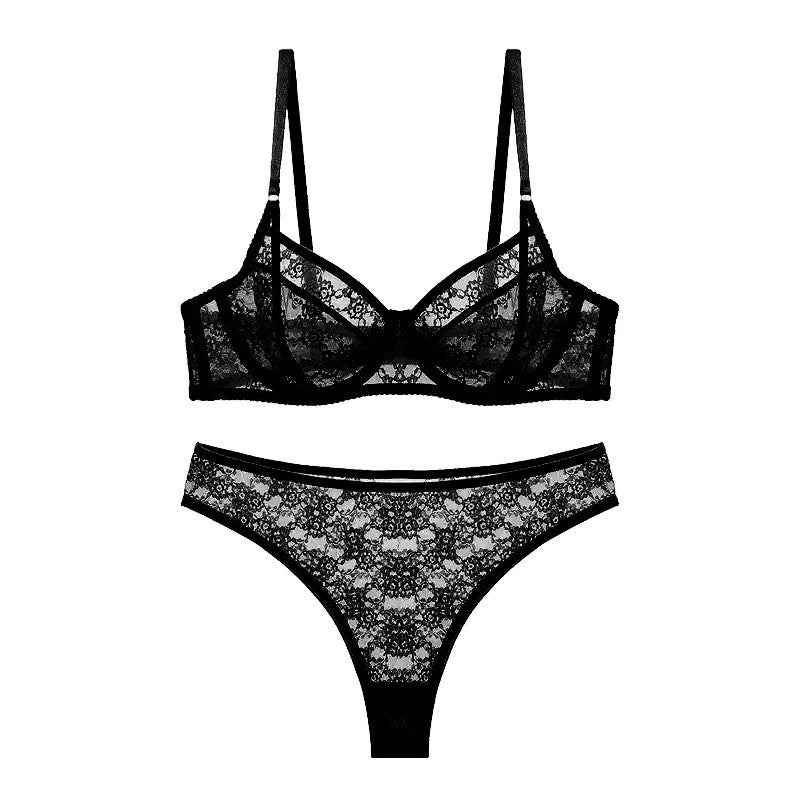 Sexy French Style Summer Ultra-thin Perspective Lace Large Chest Display Large Size Sexy Bra Set