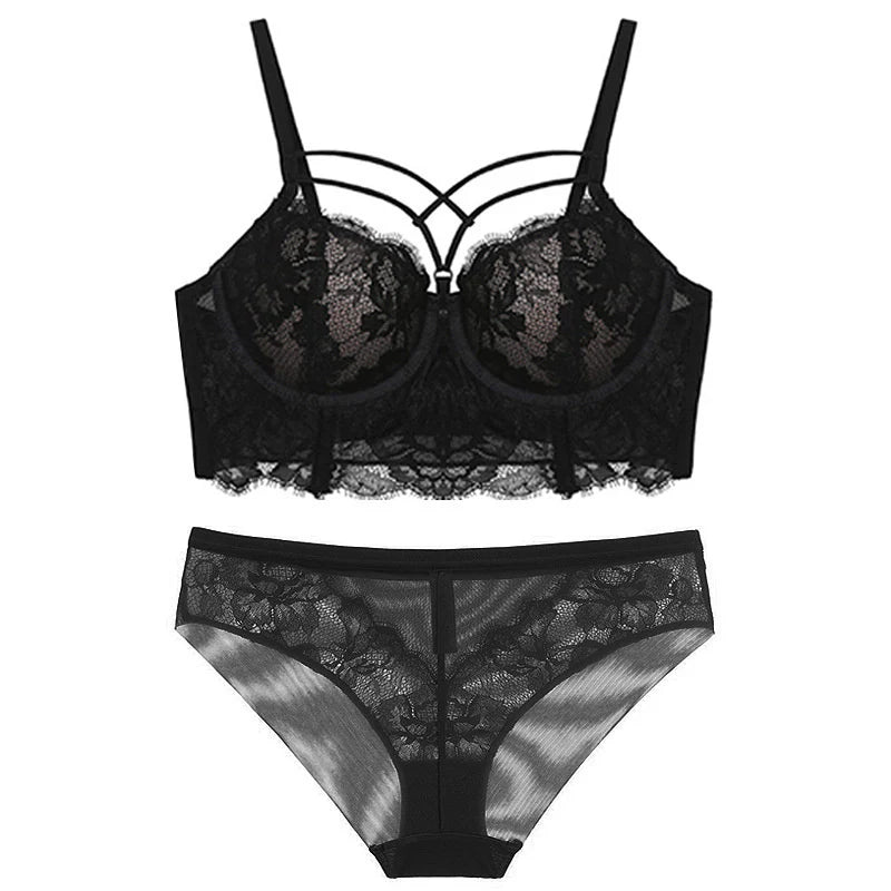 European and American Style Lace Bra Set with Side Support and Push-Up Design for Women