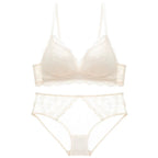 French Style Sexy Lace Thin Triangle Cup Wireless Push-Up Small Chest Lift Set
