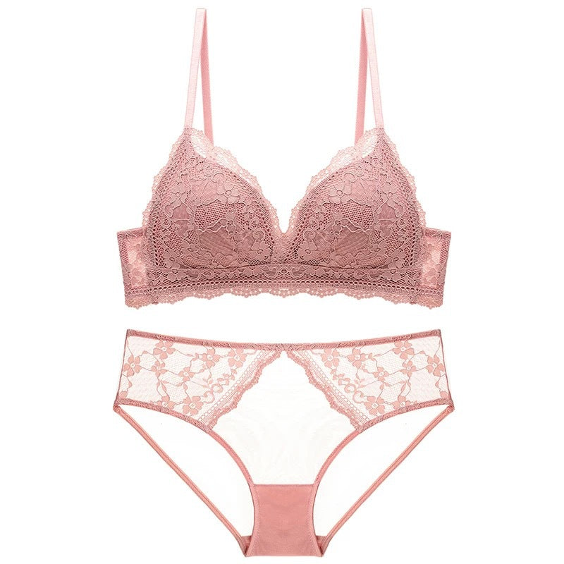 French Style Sexy Lace Thin Triangle Cup Wireless Push-Up Small Chest Lift Set