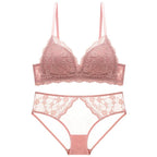 French Style Sexy Lace Thin Triangle Cup Wireless Push-Up Small Chest Lift Set