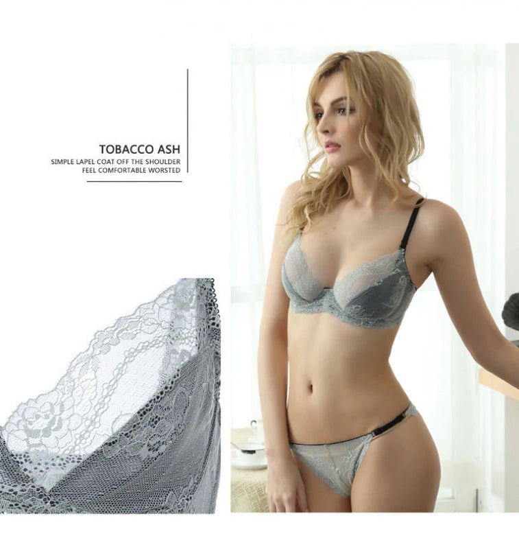 European and American Sexy Summer Ultra-Thin Transparent Lace Large Bust Minimizing Anti-Sagging Lift Set