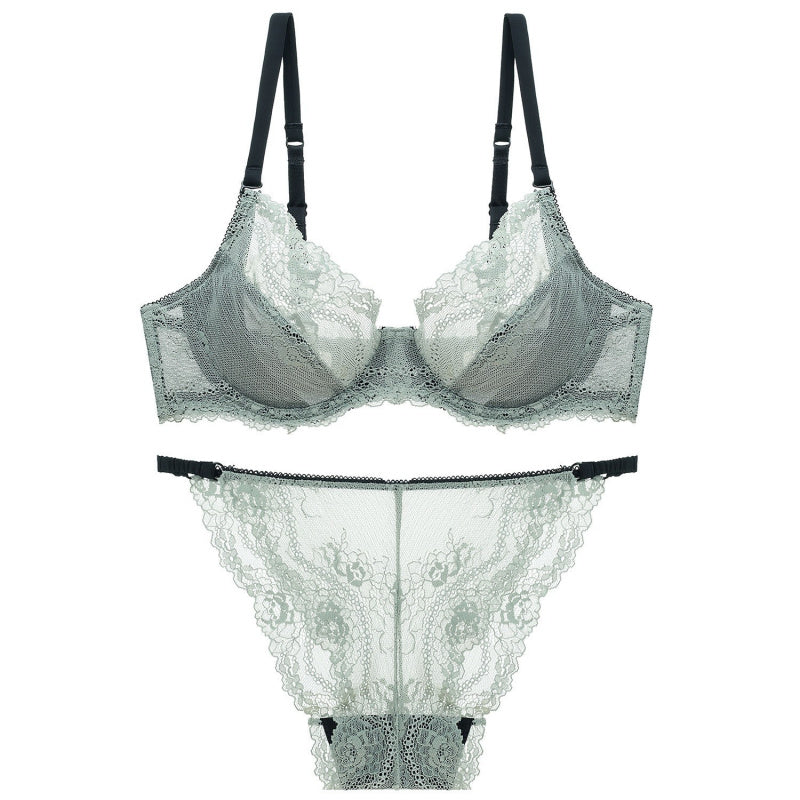 European and American Sexy Summer Ultra-Thin Transparent Lace Large Bust Minimizing Anti-Sagging Lift Set