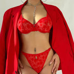 French Style Ultra-Thin Flocked Print Sexy Large Bust Minimizing Anti-Sagging Lingerie Set