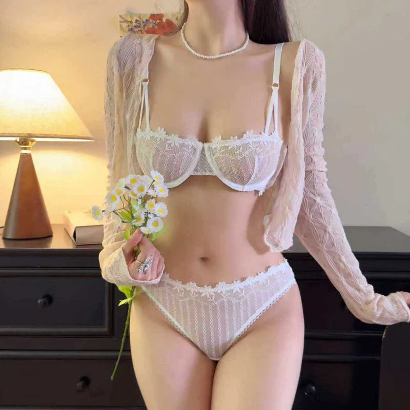 Sexy Lace Lingerie See-through Embroidery Erotic Lingerie Big Chest Minimizer Plus Size Bra Set