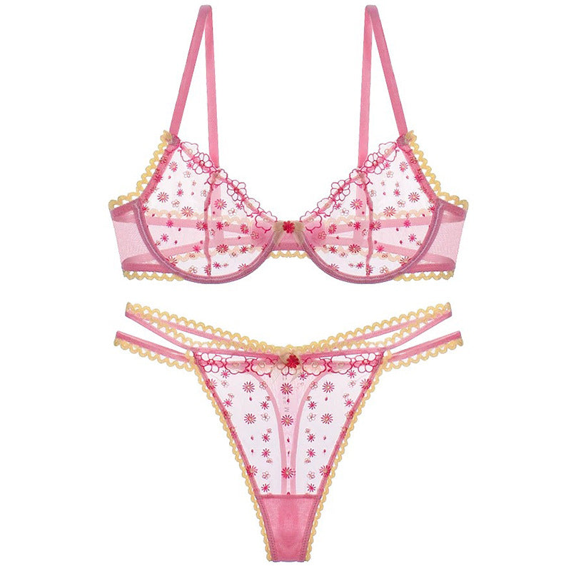 European and American Sexy Lingerie French Style Ultra-Thin Transparent Embroidered Lace Large Bust Minimizing Anti-Sagging