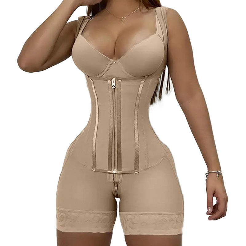 13 bone shaping jumpsuit with zipper button waist, raised hips, and chest