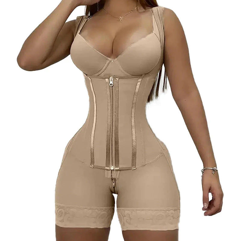 13 bone shaping jumpsuit with zipper button waist, raised hips, and chest