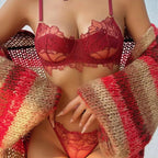 French Style Sexy Ultra-Thin Embroidered Lace Lingerie Set for Large Bust Minimizing Bra