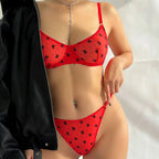 French Style Ultra-Thin Flocked Printed Mesh Lace Large Bust Minimizing Sexy Lingerie Set